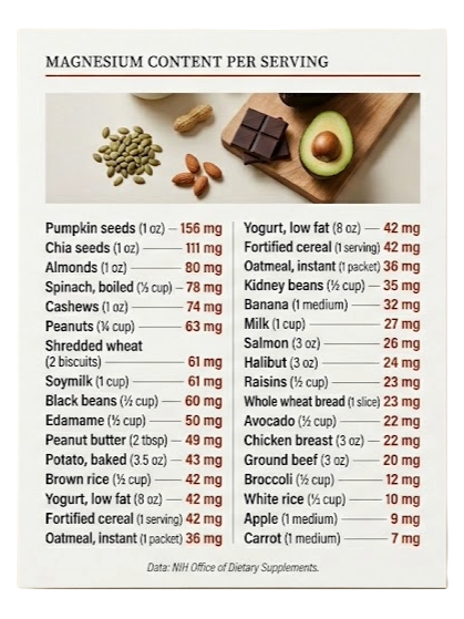Magnesium-rich foods with magnesium content per serving